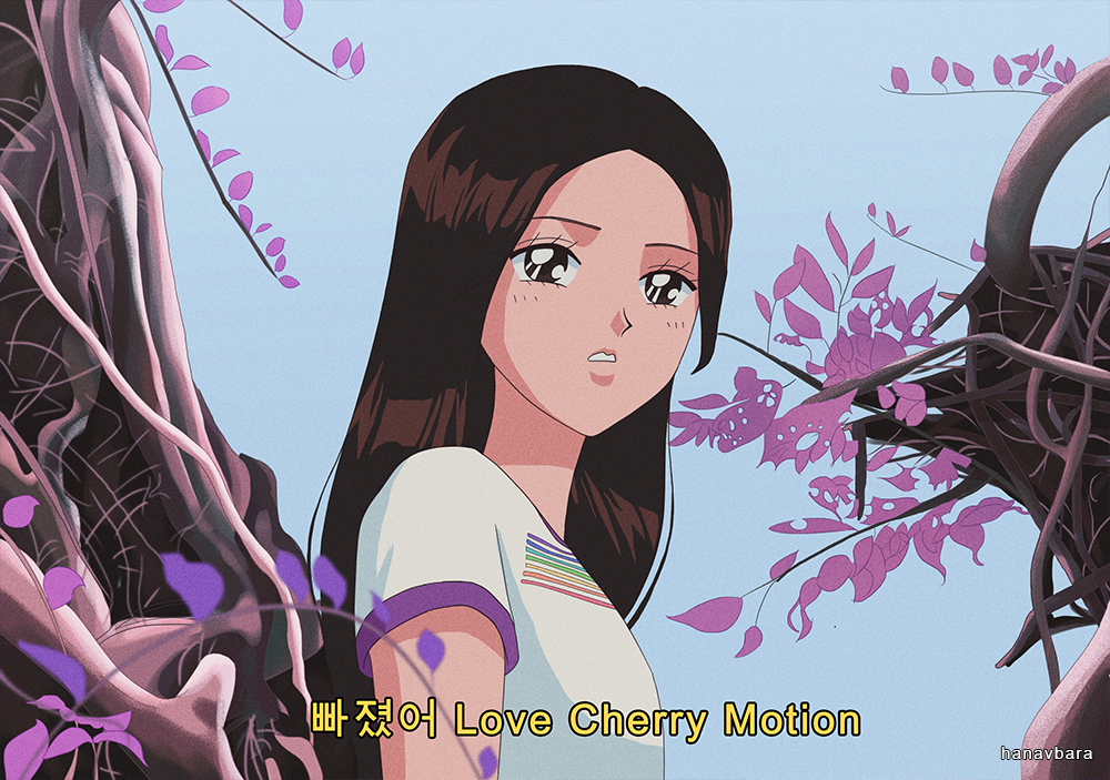 1990s_(style) 1girl animification artist_name blue_sky blush brown_eyes brown_hair choerry commentary english_commentary eyelashes hanavbara k-pop long_hair loona_(group) lyrics parted_lips real_life retro_artstyle shirt sky solo t-shirt tree upper_body