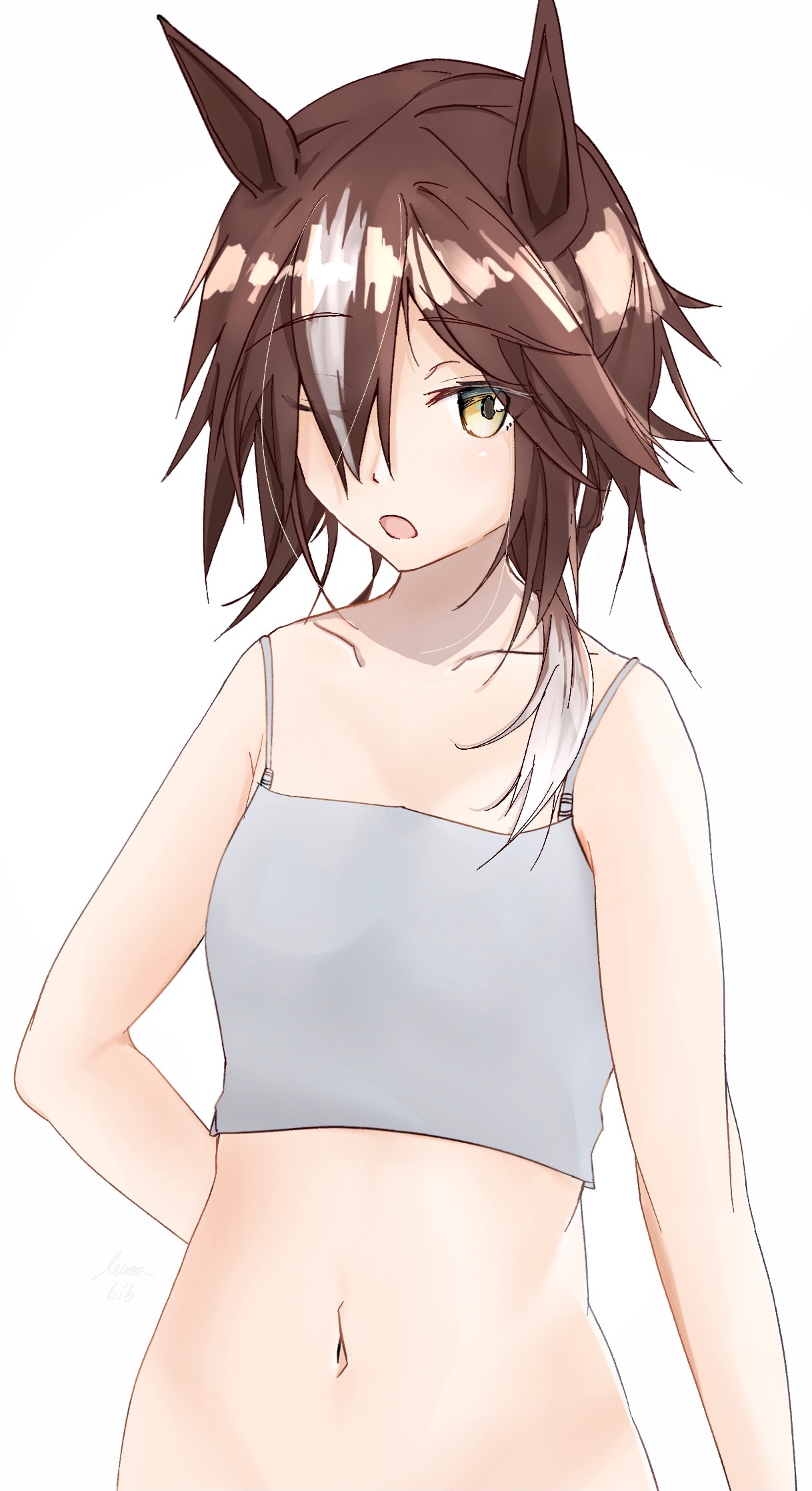1girl ;o alternate_hairstyle animal_ears arm_behind_back bare_shoulders breasts brown_hair collarbone hair_over_one_eye hair_over_shoulder highres horse_ears horse_girl lesoa long_hair looking_at_viewer navel one_eye_closed simple_background small_breasts solo umamusume vodka_(umamusume) white_background white_hair yellow_eyes