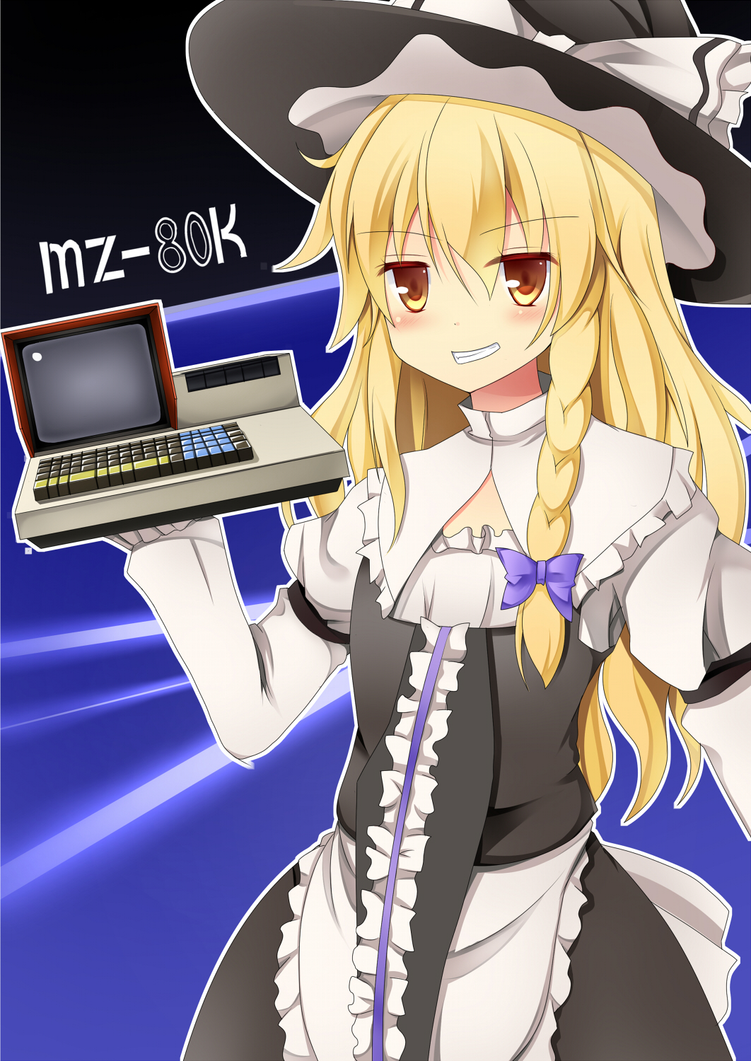 1girl apron black_hat black_skirt black_vest blonde_hair blush bow brown_hair commentary_request computer cookie_(touhou) cowboy_shot flat_chest frilled_apron frills grin hair_bow hat hat_bow highres holding kirisame_marisa long_hair long_sleeves looking_at_viewer mars_(cookie) mz-80k name_connection purple_bow sharp_corporation skirt smile solo szk touhou vest waist_apron white_apron witch_hat