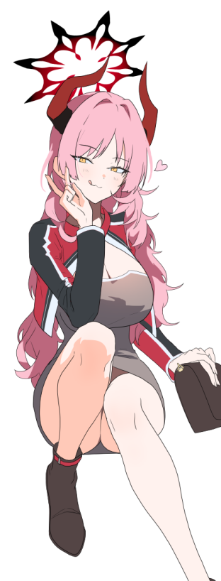 1girl akinashi_yuu alternate_costume blue_archive breasts cleavage dress grey_dress halo horns long_hair multicolored_horns pink_hair red_halo red_horns satsuki_(blue_archive) simple_background solo two-tone_horns v white_background yellow_eyes