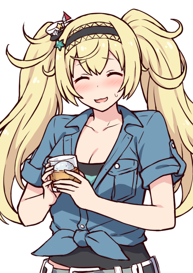 1girl ^_^ black_shirt blonde_hair blue_shirt blush breasts cleavage closed_eyes commentary_request facing_viewer front-tie_top gambier_bay_(kancolle) gambier_bay_(summer)_(kancolle) hair_between_eyes hairband holding kantai_collection long_hair nakamura_sumikage nose_blush official_alternate_costume shirt short_sleeves simple_background solo sweat twintails very_long_hair white_background