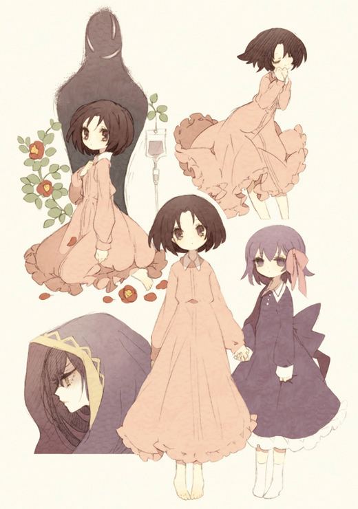 2girls aged_down barefoot brown_eyes brown_hair child dress fate/strange_fake fate/zero fate_(series) guilty hood intravenous_drip kuruoka_tsubaki matou_sakura matou_sakura_(fate/zero) multiple_girls no_name_assassin_(fate) pale_rider_(fate) purple_eyes purple_hair short_hair trait_connection tsumi_guilty yellow_eyes