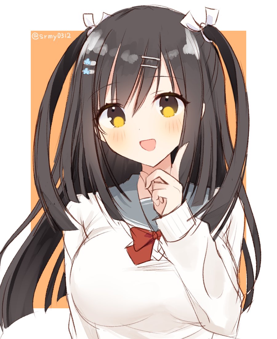 1girl :d aiyan black_hair blunt_ends blush bow bowtie breasts commentary_request eyes_visible_through_hair grey_sailor_collar hair_between_eyes hair_ornament hair_ribbon hairclip hand_up happy index_finger_raised large_breasts long_hair looking_at_viewer open_mouth orange_background red_bow red_bowtie ribbon sailor_collar sanoba_witch school_uniform serafuku simple_background sketch smile solo sweater tareme togakushi_touko twitter_username two-tone_background two_side_up upper_body white_background white_ribbon white_sweater yellow_eyes