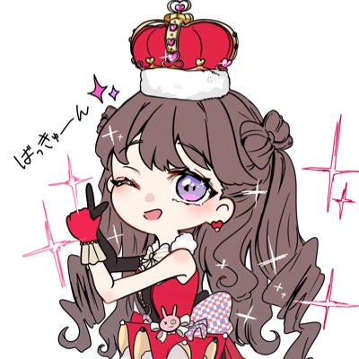 1girl ;d arched_crown bare_shoulders bow-shaped_hair brown_hair commentary crown dress earrings finger_gun fujishima_megumi hashtag-only_commentary heart heart_earrings jewelry jin_(oihlf) link!_like!_love_live! long_hair love_live! lowres official_alternate_costume one_eye_closed open_mouth profile_picture purple_eyes red_crown red_dress short_dress simple_background sleeveless sleeveless_dress smile solo sparkle translation_request two_side_up virtual_youtuber white_background zenhoi_kyun