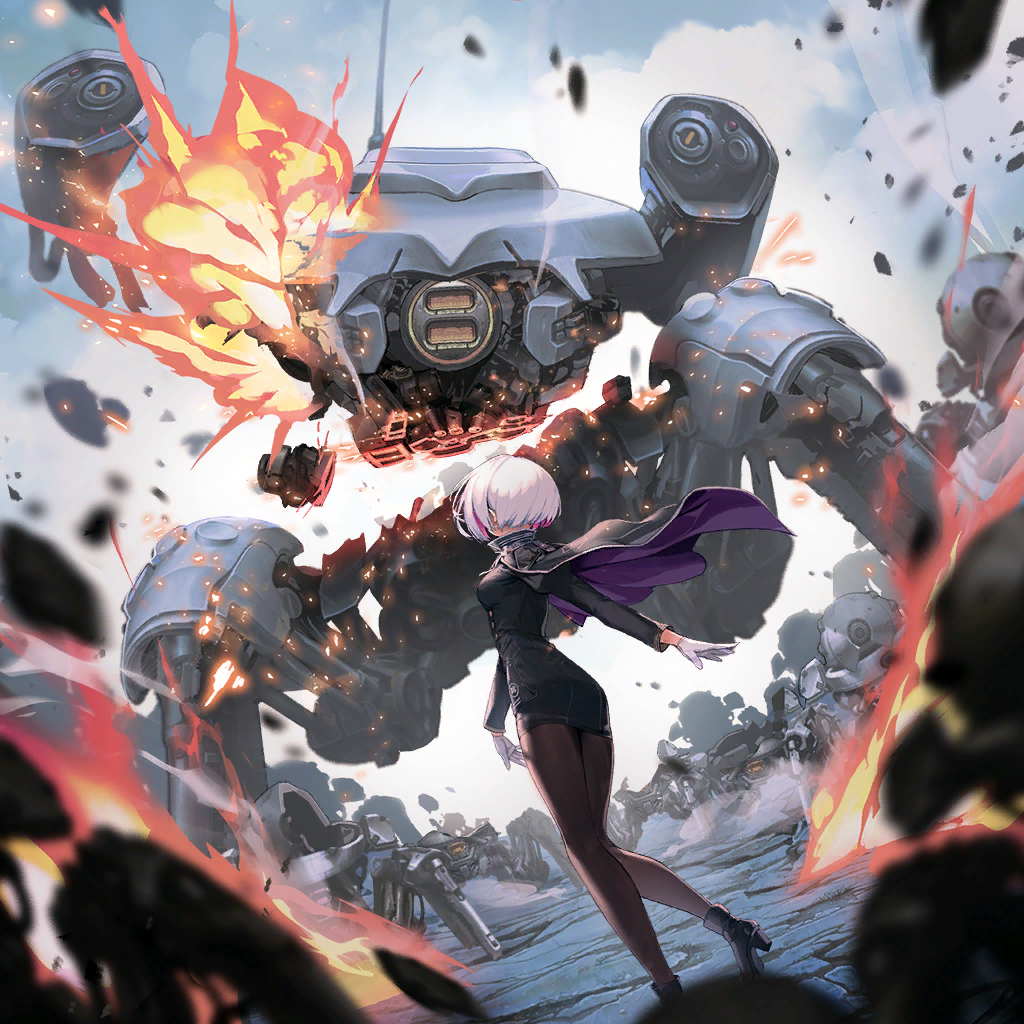 1girl adjusting_clothes adjusting_gloves aiguillette black_pantyhose buttons cape colored_inner_hair destruction dress dutch_angle epaulettes gloves goddess_of_victory:_nikke hair_over_eyes jewelry liliweiss_(nikke) military_uniform multicolored_hair neu_(musyoku-neet) official_art pantyhose rapture_(nikke) ribbon short_hair star-shaped_pupils star_(symbol) strap symbol-shaped_pupils two-tone_cape white_gloves white_hair white_ribbon