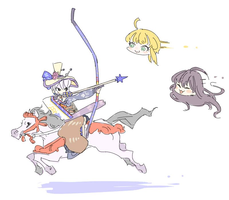 :3 alternate_costume ayaigasa black_eyes black_gloves blonde_hair bow_(weapon) brown_hair chasing closed_eyes drawing_bow flying full_body fur_sheath gloves green_eyes hadanugi_dousa hat holding holding_bow_(weapon) holding_weapon horse horseback_archery horseback_riding ichinose_shiki idolmaster idolmaster_cinderella_girls jibakurei_(elite_unchi) long_hair long_sleeves looking_at_another miyamoto_frederica motion_lines open_kimono open_mouth partially_fingerless_gloves partly_fingerless_gloves riding rokurokubi severed_head sheath shiomi_syuko short_hair simple_background tsurime weapon white_background yugake yumi_(bow)