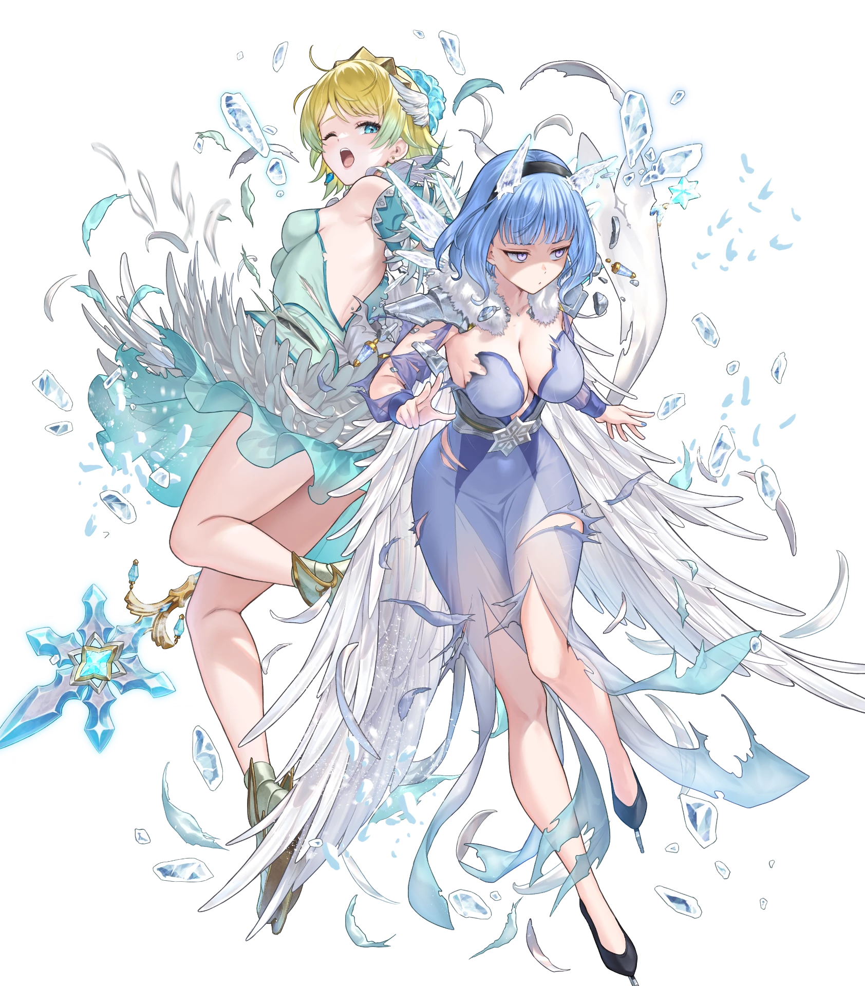 2girls backless_dress backless_outfit bare_legs bare_shoulders blonde_hair blue_eyes blue_hair breasts cape cleavage covered_navel damaged dress feather_cape feather_trim fire_emblem fire_emblem_heroes fjorm_(fire_emblem) fjorm_(ice_tribe)_(fire_emblem) highres holding holding_polearm holding_weapon ice ice_horns ice_skates lance large_breasts medium_breasts multiple_girls nail_polish nifl_(fire_emblem) nifl_(ice_tribe)_(fire_emblem) nintendo non-web_source official_alternate_costume official_art one_eye_closed open_mouth polearm shaded_face short_hair skates small_breasts thighs tiara torn_cape torn_clothes tutu weapon white_cape