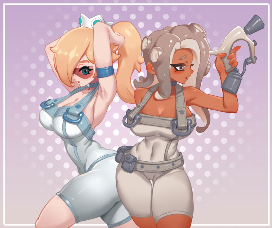 2girls agent_8_(splatoon) agent_8_(splatoon)_(cosplay) armband arms_behind_head bare_shoulders belt_pouch blonde_hair blue_armband blue_eyes bodysuit breasts cleavage cosplay cowboy_shot crown curvy facing_to_the_side grey_eyes grey_hair hair_over_one_eye holding holding_weapon large_breasts little123blood mario_(series) multicolored_hair multiple_girls nintendo octoling open_mouth order_dualies_(splatoon) pale_skin ponytail pouch red-tinted_eyewear rosalina short_eyebrows short_shorts shorts simple_background skin_tight splatoon_(series) splatoon_3 splatoon_3:_side_order super_mario_galaxy tan tentacle_hair thick_eyebrows tinted_eyewear two-tone_hair tying_hair weapon white_bodysuit white_crown white_shorts wide_hips