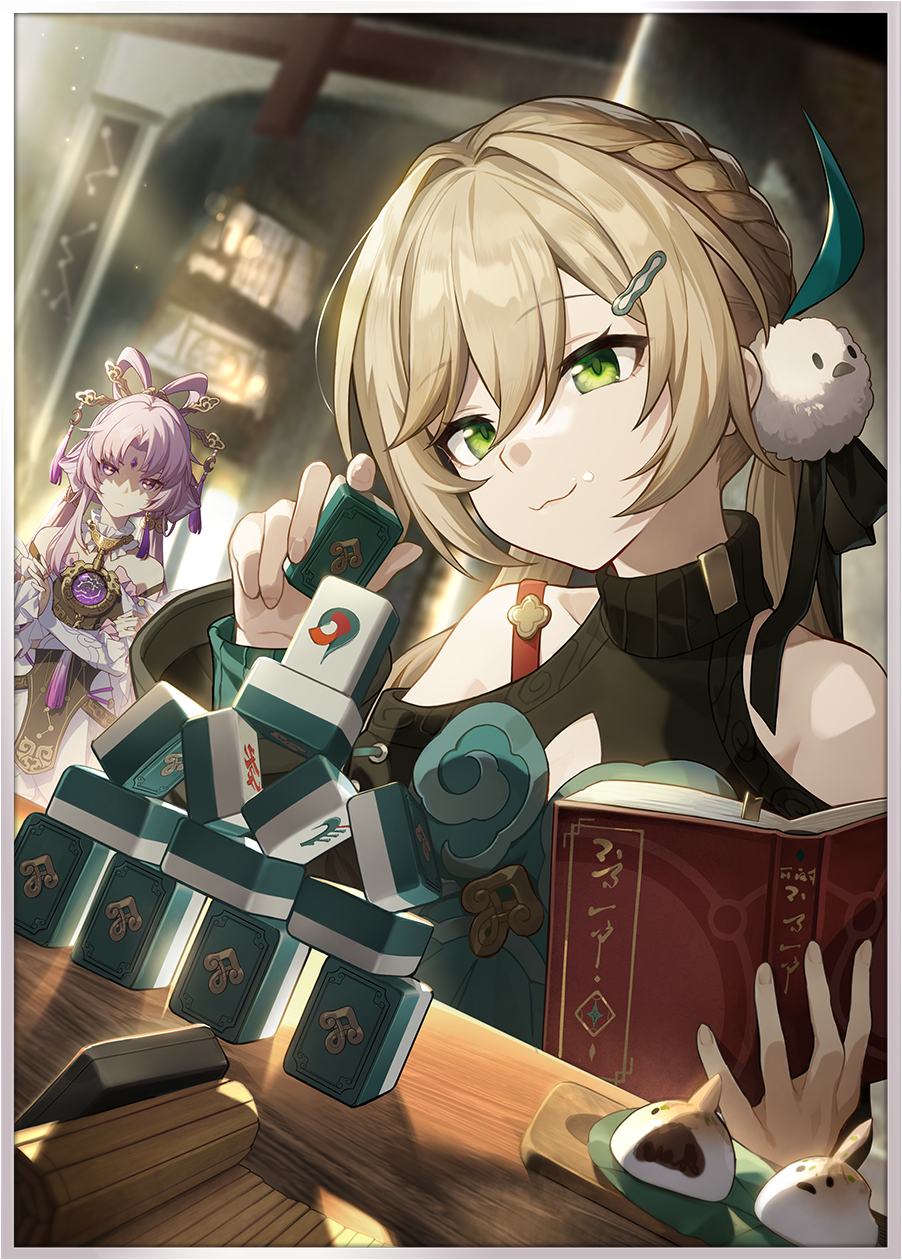 2girls :3 black_sweater blonde_hair book border braid clothing_cutout crown_braid fu_xuan_(honkai:_star_rail) green_eyes hair_ornament hairpin highres holding holding_book holding_mahjong_tile honkai:_star_rail honkai_(series) long_hair low_twintails mahjong mahjong_tile multiple_girls official_art qingque_(honkai:_star_rail) shoulder_cutout smile solo_focus sweater table third-party_source twintails uppi white_border