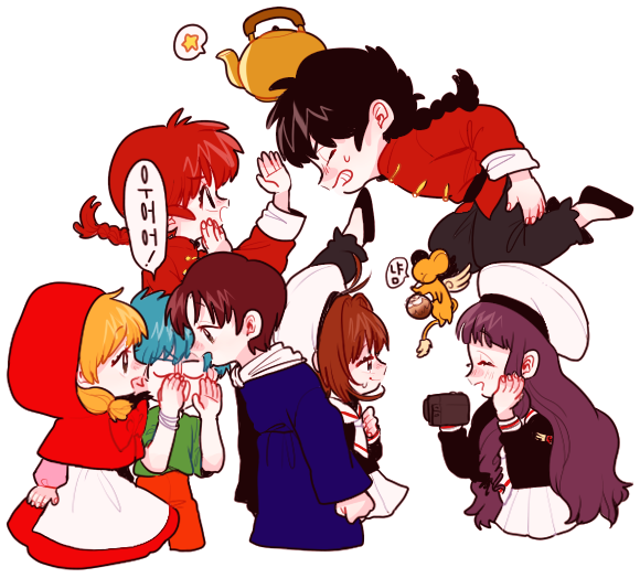 3boys 4girls akazukin_chacha apron black_hair black_pants blank_eyes blue_hair braid brown_hair camera cardcaptor_sakura chacha_(akazukin_chacha) crossover daidouji_tomoyo grimace holding holding_camera jingle_(dlstmv_787) kero_(cardcaptor_sakura) kettle kicking kinomoto_sakura korean_text multiple_boys multiple_girls open_mouth pants ranma-chan ranma_1/2 red_hair red_hood riiya_(akazukin_chacha) saotome_ranma shiine_(akazukin_chacha) skirt speech_bubble spoken_star star_(symbol) translation_request video_camera waist_apron white_background white_skirt