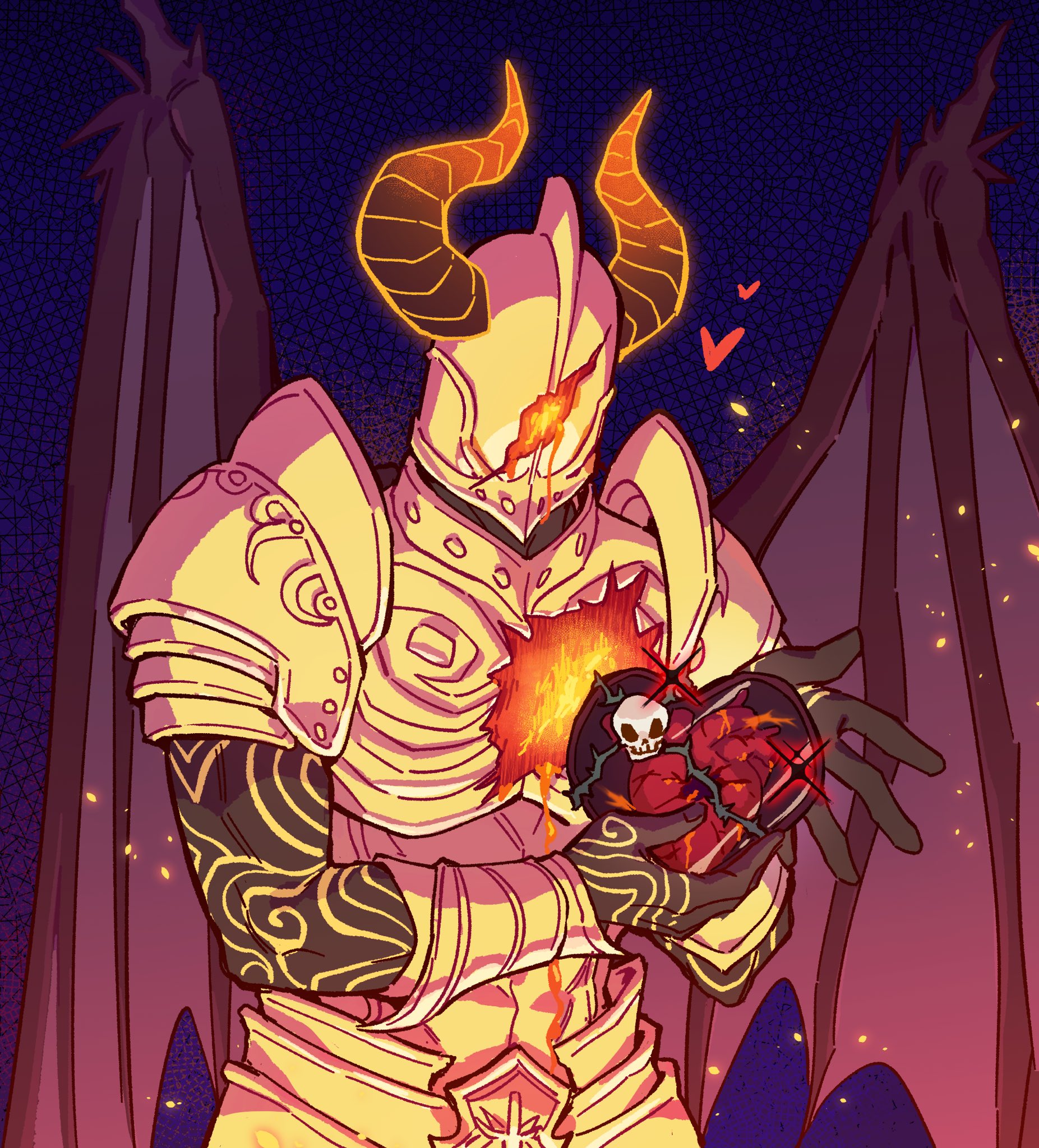 1boy arm_tattoo armor black_skin box bracer breastplate colored_skin cowboy_shot demon_boy demon_horns demon_wings hand_of_the_inheritor heart heart-shaped_box helmet highres holding holding_box horns maiucal male_focus pathfinder pauldrons purple_background scar shoulder_armor solo tattoo wings