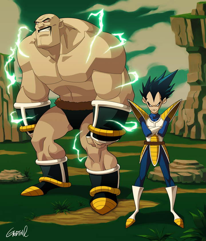 2009 armlet black_hair black_male_underwear blue_suit broad_shoulders clenched_teeth crossed_arms dragon_ball dragon_ball_(classic) electricity evil_grin evil_smile facial_hair formal_clothes fu_manchu_(mustache) godtail green_sky grin jewelry long_mustache male_underwear monkey_tail muscular muscular_male mustache nappa red_eyes saiyan size_difference sky smile spiked_hair suit tail teeth toon_(style) topless_male underwear vegeta