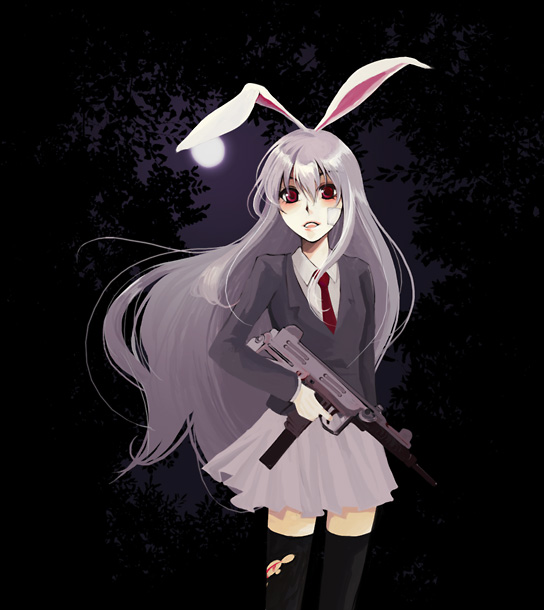 1girl animal_ears bad_id bad_pixiv_id bandages bleeding blood female_focus full_moon gun injury kotemari_noboru long_hair machine_pistol moon nature necktie outdoors rabbit_ears red_eyes reisen_udongein_inaba solo submachine_gun thighhighs torn_clothes torn_thighhighs touhou uzi weapon
