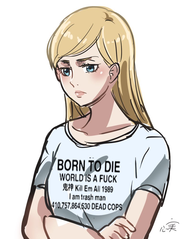 1girl blonde_hair blue_eyes blush born_to_die_world_is_a_fuck_(meme) closed_mouth clothes_writing collarbone crossed_arms english_text engrish_text eyebrows female_focus frown japanese_text jitome kokomi_(aniesuakkaman) krista_lenz lips long_hair meme ranguage shingeki_no_kyojin shirt short_sleeves signature simple_background solo standing t-shirt translated upper_body watermark white_background white_shirt