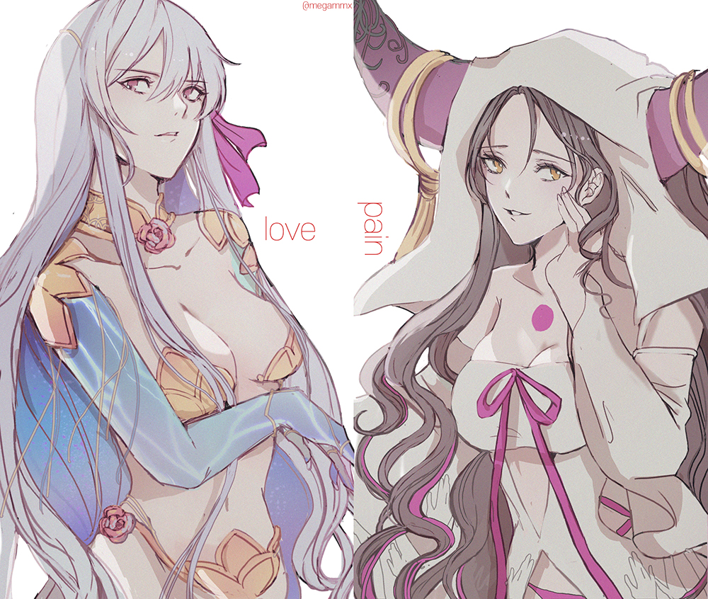 2girls arm_under_breasts armor bikini_armor black_hair black_horns blue_hair blue_skin body_markings breasts chest_tattoo cleavage clothing_cutout collar colored_inner_hair colored_skin commentary cowboy_shot dress english_text fate/grand_order fate_(series) forehead_tattoo gradient_hair grey_hair grin hair_between_eyes hair_ribbon hand_on_own_cheek hand_on_own_face hand_up horn_ornament horn_ring horns kama_(fate) kama_(third_ascension)_(fate) large_breasts long_hair long_sleeves looking_at_viewer medium_breasts metal_collar multicolored_hair multiple_girls panties parted_bangs parted_lips pauldrons pink_eyes pink_hair pink_horns pink_panties pink_ribbon polar_opposites purple_hair ribbon sessyoin_kiara sessyoin_kiara_(heaven&#039;s_hole) sessyoin_kiara_(third_ascension) shino_(mufn5785) shoulder_armor sidelocks simple_background smile stomach_cutout streaked_hair tattoo twitter_username underwear veil white_background white_dress white_veil yellow_eyes