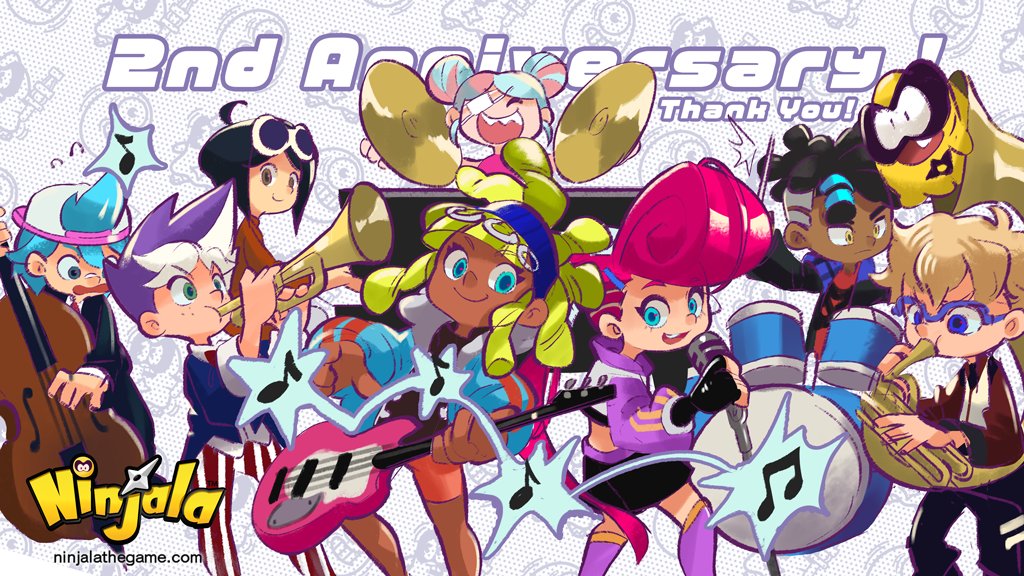 4girls 5boys alternate_costume alternate_hairstyle american_flag american_flag_pants american_flag_print anniversary aqua_eyes aqua_hair aqua_jacket aqua_sleeves backwards_hat baseball_cap beamed_eighth_notes berecca black_coat black_eyes black_gloves black_hair black_necktie black_pants black_shirt black_shorts black_sleeve_cuffs black_sleeves black_suit blonde_hair blue-framed_eyewear blue_jacket blue_outline blue_pupils blunt_bangs boots bow bowtie burton_(ninjala) cello character_background closed_eyes closed_mouth coat collared_shirt commentary contrast_collar copyright_name copyright_notice creature cropped_jacket cymbals dark-skinned_female dark-skinned_male dark_skin double_bun double_vertical_stripe dreadlocks dress_shirt drum drum_set drumsticks eighth_note electric_guitar emma_(ninjala) english_commentary english_text everyone eyepatch eyewear_on_head flag_print fluffy_hair formal_clothes freckles frown fur-trimmed_jacket fur_trim gloves grand_piano green_eyes guitar gumchi gungho hair_bun hair_ornament hair_tie hairclip half_updo halftone halftone_background hat high_collar holding holding_drumsticks holding_instrument holding_microphone instrument jacket jane_(ninjala) kappei_(ninjala) kinky_hair lapels logo long_hair long_sidelocks lucy_(ninjala) medical_eyepatch medium_hair microphone microphone_stand midriff multicolored_hair multiple_boys multiple_girls music musical_note necktie ninjala nose nose_tape official_alternate_hairstyle official_art one_eye_covered open_clothes open_jacket open_mouth outline pants parted_bangs piano pink_hair pink_shirt pink_shorts playing_instrument polka_dot polka_dot_background pompadour popped_collar print_pants purple_boots purple_outline purple_sleeves red_bow red_bowtie red_necktie red_shirt red_sleeves red_suit red_undershirt rianti-wong ron_(ninjala) second-party_source sharp_teeth shirt shorts shuriken sidelocks simple_background sleeveless sleeveless_shirt smile sousaphone standing streaked_hair striped_clothes striped_pants striped_sleeves suit sunglasses swept_bangs teeth thank_you thigh_boots trumpet turtleneck turtleneck_shirt two-sided_coat two-sided_fabric two-tone_hair undercut unzipped upper_teeth_only van_(ninjala) vertical-striped_clothes vertical-striped_pants vertical-striped_sleeves very_long_hair vest watermark weapon web_address white-framed_eyewear white_background white_hair white_hat white_jacket white_shirt white_sleeve_cuffs white_undershirt white_vest wing_collar yellow_eyes