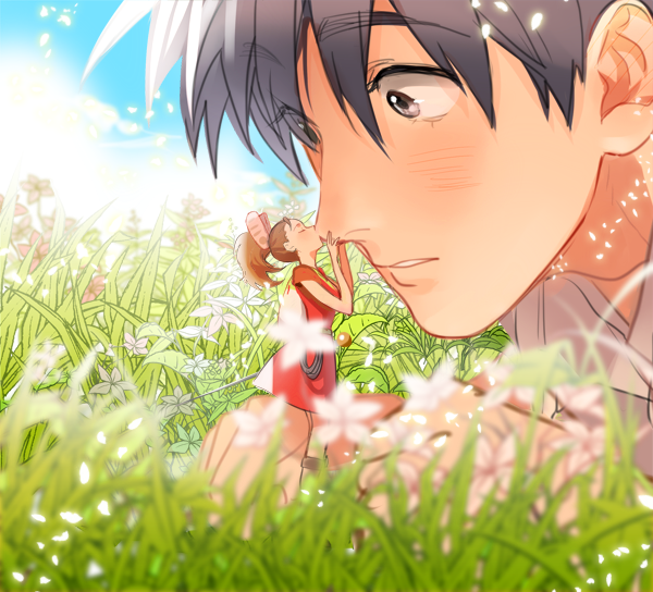 10s 1boy 1girl arrietty black_hair blue_sky blurry brown_hair day depth_of_field dress eyes_visible_through_hair flower grass grey_eyes hair_ornament hetero karigurashi_no_arrietty kiss kissing_nose mini_person minigirl onegingek petals ponytail red_dress shou_(karigurashi_no_arrietty) size_difference sky