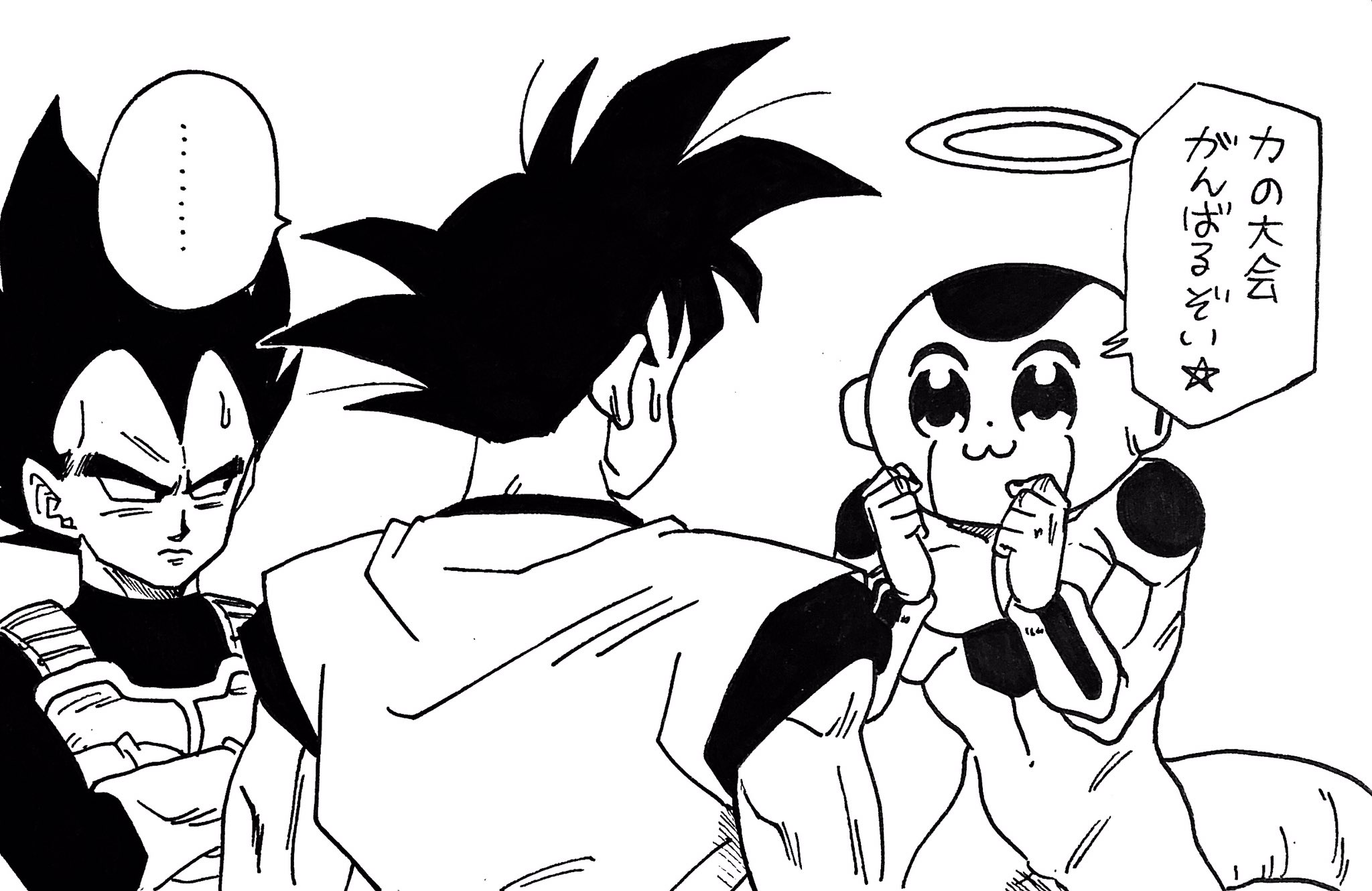 10s 3boys :3 alien dragon_ball dragon_ball_super frieza gloves greyscale highres lee_(dragon_garou) long_hair looking_at_another male_focus monochrome multiple_boys muscular nakao_ryuusei poptepipic serious son_goku sweat tail toriyama_akira_(style) traditional_media translated vegeta voice_actor voice_actor_connection what