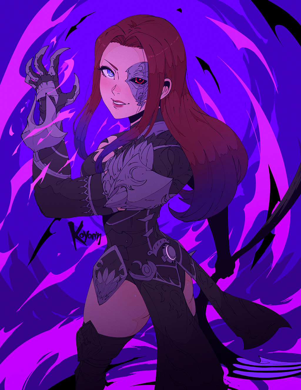 artist_name ass black_thighhighs blue_eyes breasts brown_hair clawed_gauntlets commission elbow_gloves fake_claws final_fantasy final_fantasy_xiv gloves half_mask highres holding holding_scythe hyur koyorin lips long_hair looking_at_viewer mask medium_breasts reaper_(final_fantasy) scythe thighhighs warrior_of_light_(ff14)