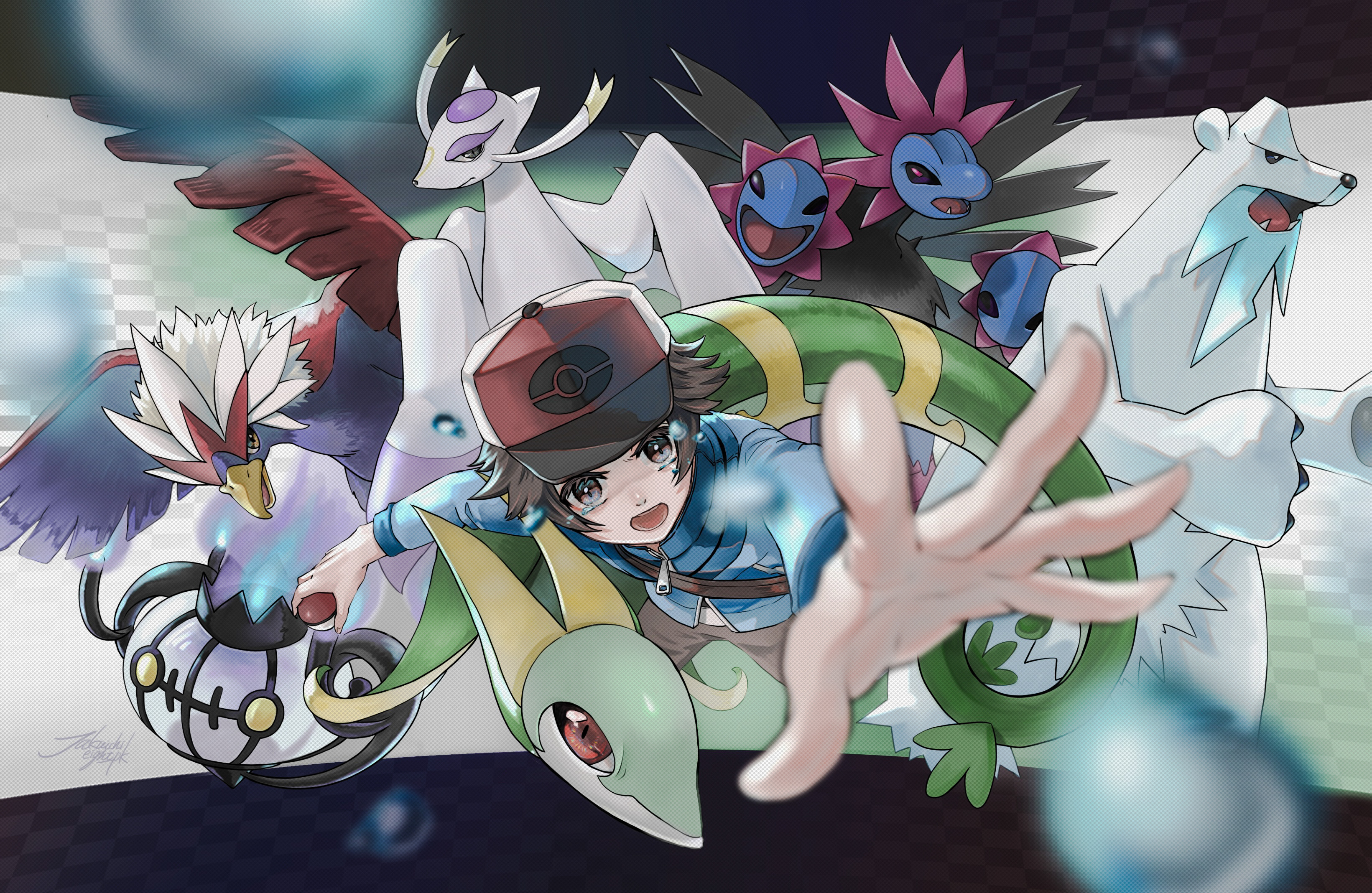 1boy absurdres beartic blue_jacket blurry braviary brown_eyes brown_hair chandelure commentary_request gen_5_pokemon hat highres hilbert_(pokemon) holding holding_poke_ball hydreigon jacket long_sleeves male_focus mienshao nintendo open_mouth pants poke_ball poke_ball_(basic) poke_ball_print pokemon pokemon_(creature) pokemon_bw red_headwear serperior short_hair spread_fingers xishi_(jakuichi_e)