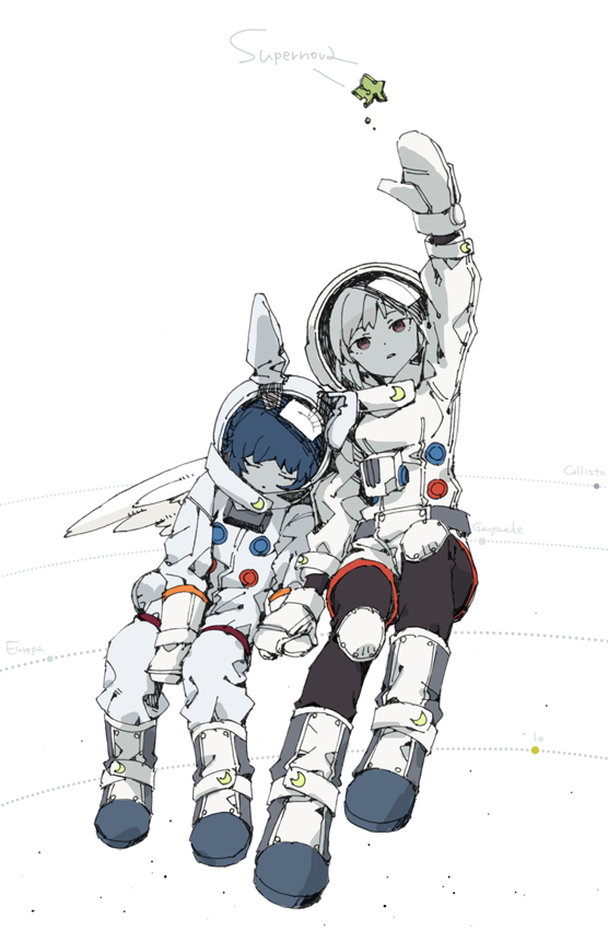 2girls alternate_costume animal_ears arm_up asahi_(uwa) blue_hair closed_eyes commentary_request crescent english_text full_body helmet holding_hands kishin_sagume leaning_on_person multiple_girls orbit rabbit_ears seiran_(touhou) single_wing spacesuit star_(symbol) touhou white_background wings