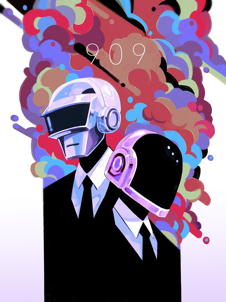 2boys black_jacket black_necktie black_suit cloud collared_shirt commentary cowboy_shot daft_punk english_commentary formal_clothes guy-manuel_de_homem-christo helmet jacket male_focus multiple_boys necktie shirt suit thomas_bangalter upper_body valerie_garnace white_shirt