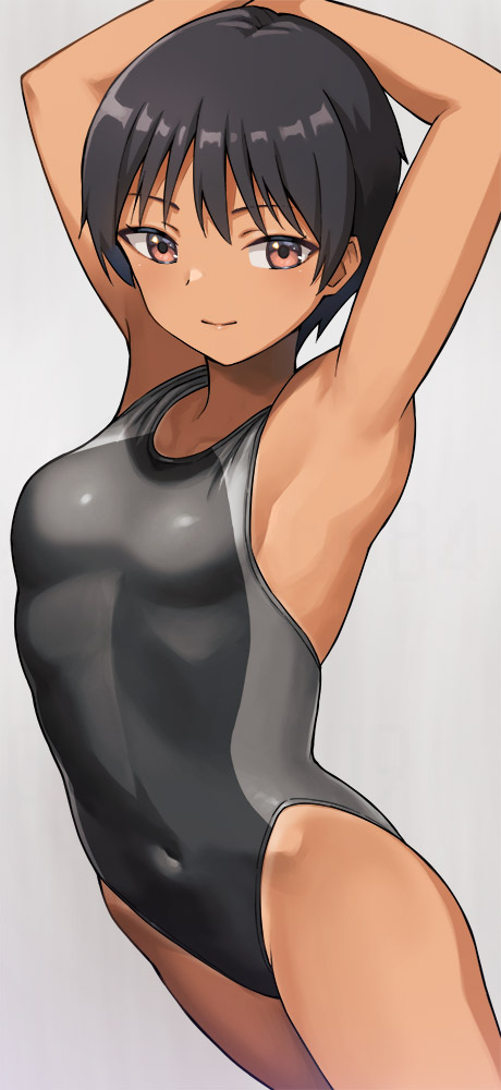 1girl armpits arms_up black_hair breasts competition_swimsuit covered_navel grey_background hashi highleg highleg_one-piece_swimsuit one-piece_swimsuit one-piece_tan original red_eyes short_hair simple_background small_breasts smile solo swimsuit tan tanline two-tone_background