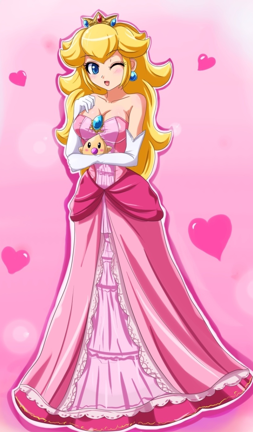 1girl blonde_hair blue_eyes breasts collarbone crown dress earrings elbow_gloves eyebrows eyelashes gloves heart highres jewelry mario_(series) nintendo pink_dress princess_peach sigurd_hosenfeld strapless strapless_dress super_mario_bros._1 super_mario_galaxy wink
