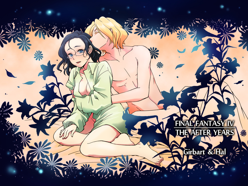 1990s_(style) 1boy 1girl bad_id bad_pixiv_id black_hair blue_eyes breasts character_name cleavage couple dress_shirt final_fantasy final_fantasy_iv final_fantasy_iv:_the_after_years edward_chris_von_muir glasses harley_(ff4) hetero hug large_breasts mole shirt short_hair sorara