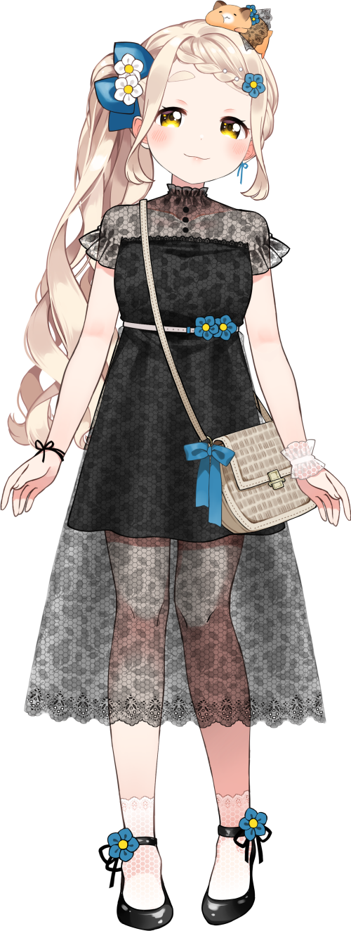 1girl animal animal_ears animal_on_head bag bag_ribbon belt black_dress black_ribbon black_shoes blonde_hair blue_bow blue_flower blue_ribbon blush bow braid braided_bangs buttons chair closed_mouth collarbone door dress dress_flower ear_ribbon eyelashes fingernails flower footwear_flower frilled_dress frilled_sleeves frills full_body gonzalez_(machita_chima) hair_bow hair_flower hair_ornament hamster hamster_on_head handbag high_heels highres kurihara_sakura lace lace_dress lace_socks lace_wrist_cuffs leaning_to_the_side long_hair machita_chima machita_chima_(2nd_costume) nijisanji official_art on_head outline photo_background pigeon-toed puffy_cheeks ribbon second-party_source see-through_dress_layer shoes short_eyebrows short_sleeves shoulder_bag side_ponytail smile socks solo standing strappy_heels table tachi-e thick_eyebrows thick_thighs thighs transparent_background very_long_hair virtual_youtuber wavy_hair white_belt white_flower white_socks white_wrist_cuffs wrist_cuffs wrist_ribbon yellow_bag yellow_eyes