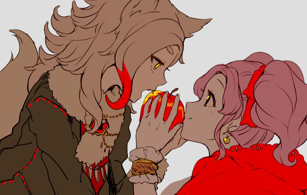 2girls aikatsu! aikatsu!_(series) amahane_madoka animal_ears apple bad_id bad_twitter_id big_bad_wolf big_bad_wolf_(cosplay) brown_hair brown_jacket cosplay eye_contact fangs food from_side fruit fur-trimmed_jacket fur_trim grey_background hair_ribbon hands_up holding holding_food holding_fruit jacket kurosawa_rin little_red_riding_hood_(fairy_tale) little_red_riding_hood_(fairy_tale_character)_(cosplay) little_red_riding_hood_(fairy_tale_character) long_hair long_sleeves looking_at_another multiple_girls open_mouth pink_hair profile red_hair red_ribbon ribbon shiontaso smile tail twintails upper_body wolf_ears wolf_girl wolf_tail wrist_cuffs yellow_eyes