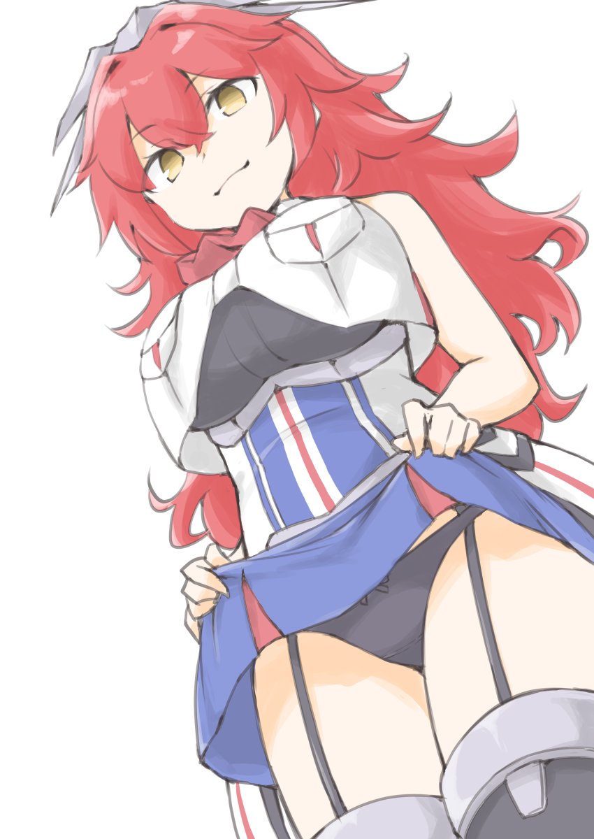 1girl akara_kai black_panties blue_skirt breast_pocket breasts closed_mouth clothes_lift commentary crossed_bangs dress english_commentary from_below garter_straps hair_between_eyes headgear highres kantai_collection large_breasts long_hair panties pantyshot phoenix_(kancolle) pocket red_hair simple_background skirt skirt_lift solo thighhighs underwear white_background white_dress yellow_eyes