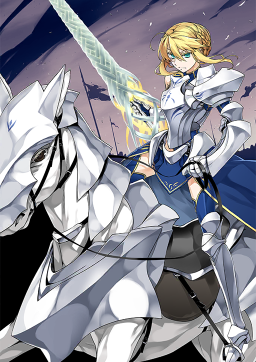 1girl ahoge armor armored_boots armored_gloves artoria_pendragon_(fate) artoria_pendragon_(lancer)_(fate) barding blonde_hair blue_dress blue_thighhighs boots breastplate bun_with_braided_base closed_mouth double-parted_bangs dress dun_stallion_(fate) fate/grand_order fate_(series) full_body gauntlets green_eyes hair_between_eyes hand_up high_collar holding holding_polearm holding_reins holding_weapon horse horseback_riding ishida_akira lance looking_at_viewer official_art pauldrons polearm purple_background reins rhongomyniad_(fate) riding saddle short_hair_with_long_locks shoulder_armor sidelocks single_bare_shoulder single_pauldron solo stirrups_(riding) thighhighs third-party_source v-shaped_eyebrows variant_set weapon