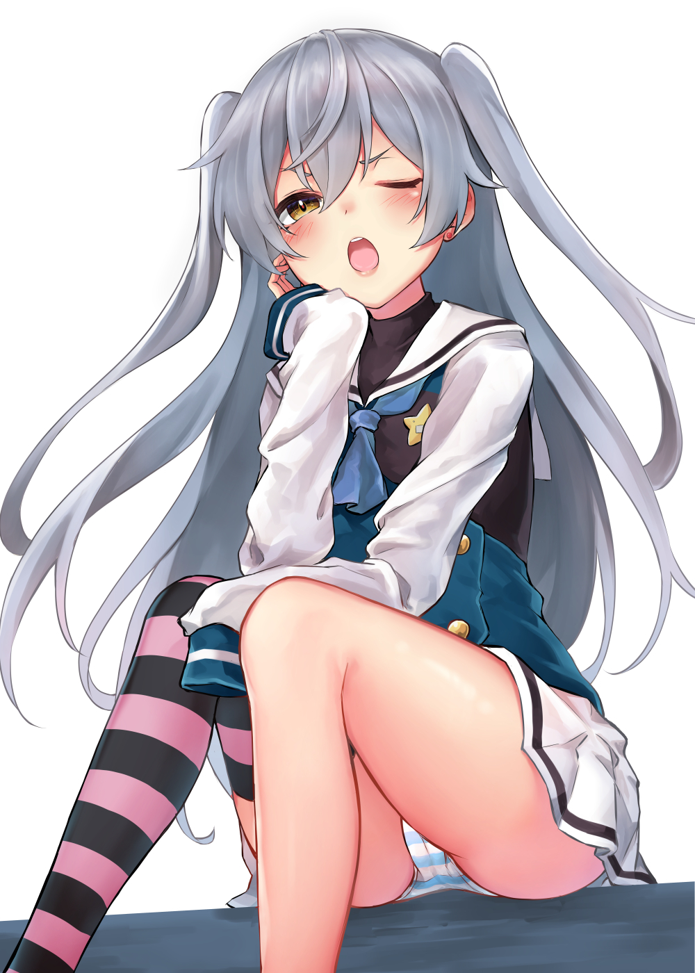 1girl ass blush grisaia_(series) grisaia_phantom_trigger highres kamida_flea long_hair looking_at_viewer looking_down one_eye_closed open_mouth orange_eyes panties pantyshot school_uniform shiny_skin shishigaya_touka silver_hair single_thighhigh sitting skirt solo striped_clothes striped_panties striped_thighhighs thighhighs two_side_up underwear very_long_hair