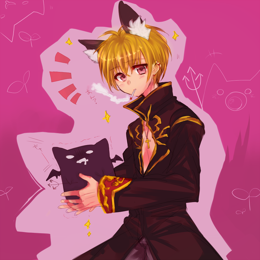 1boy alternate_color animal_ear_fluff animal_ears black_coat blonde_hair blush cat_boy cat_ears cigarette closed_mouth coat commentary_request cowboy_shot creature cross cross_necklace deviruchi earrings gold_trim holding holding_creature jewelry long_sleeves looking_at_viewer male_focus necklace pink_background priest_(ragnarok_online) ragnarok_online shirokuro_(erisnoa) short_hair smoking solo