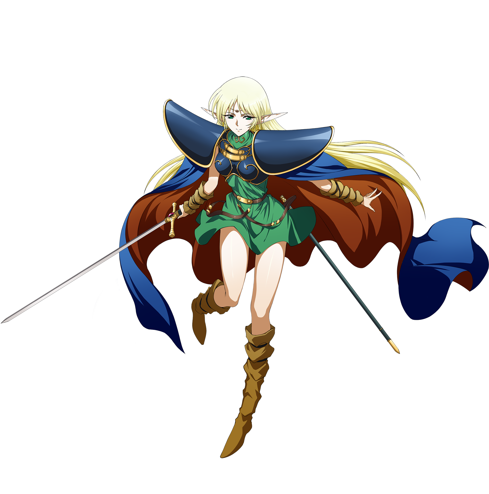1990s_(style) 1girl armor belt blonde_hair cape circlet closed_mouth deedlit dress elf full_body green_dress green_eyes highres langrisser langrisser_mobile long_hair official_art pointy_ears record_of_lodoss_war retro_artstyle scan scan_artifacts short_dress solo sword weapon yuuki_nobuteru