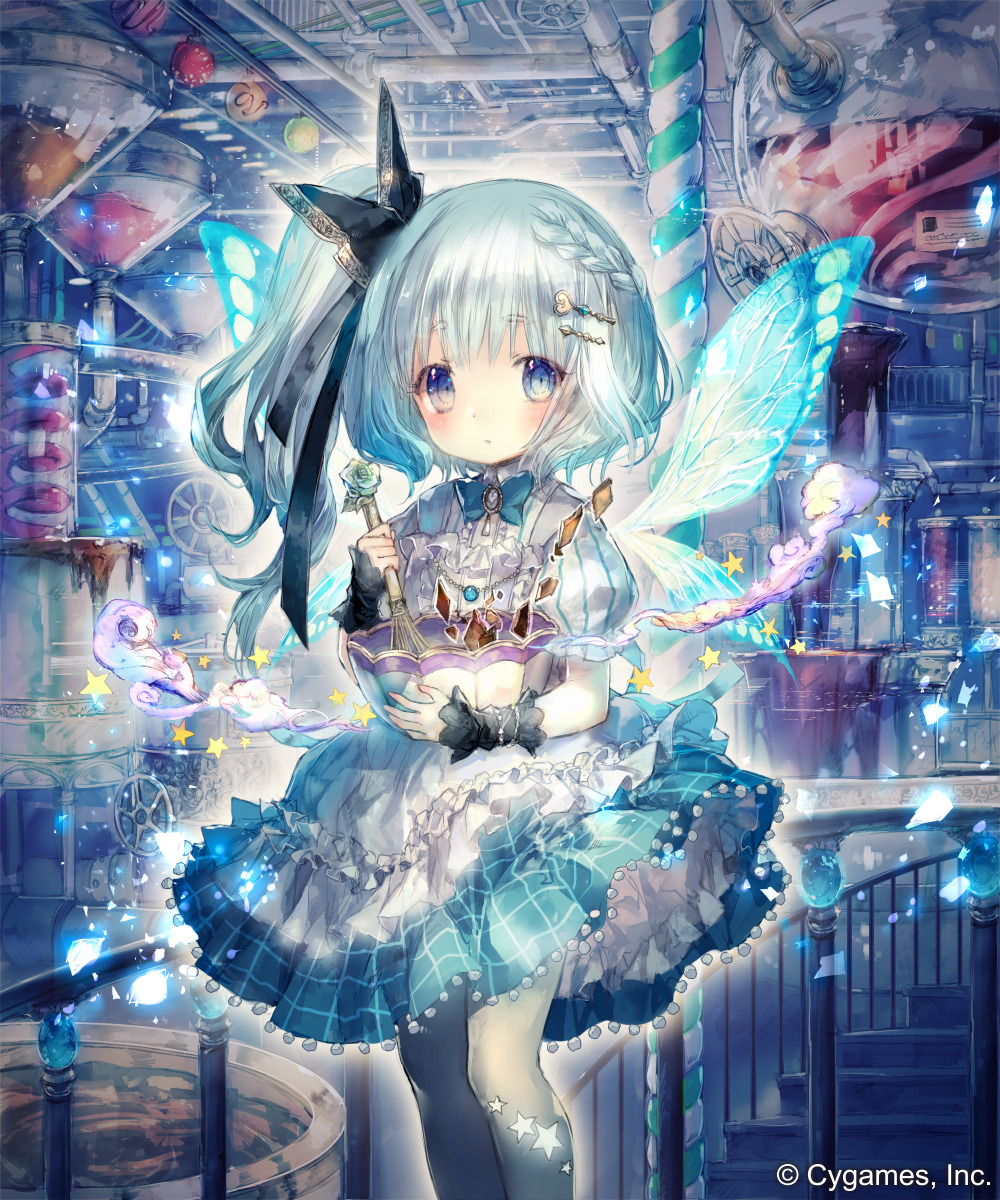 aqua_hair armlet baking black_bow blue_eyes blue_shirt blue_skirt blunt_bangs blush bow bowl bowtie butterfly_wings collared_shirt commentary copyright_notice cygames fabric frilled_shirt frills hair_bow highres holding holding_bowl holding_whisk indoors insect_wings jewelry layered_skirt looking_at_viewer one_side_up onineko pantyhose puffy_sleeves shingeki_no_bahamut shirt short_hair short_sleeves skirt stairs whisk white_pantyhose wings