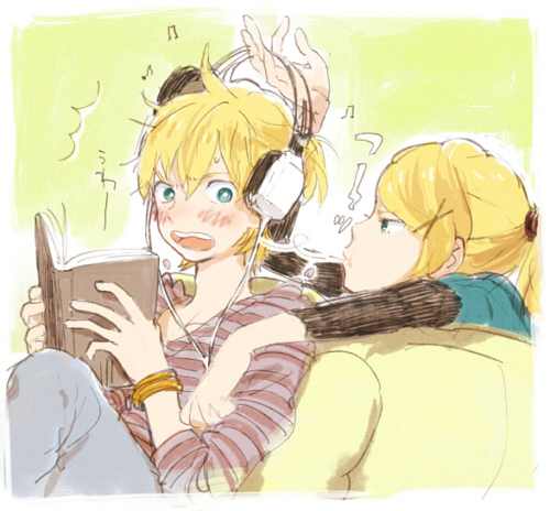 2boys blonde_hair blush book bright_pupils copyright_request couch green_eyes grey_pants hair_ornament hairclip headphones holding holding_book long_sleeves lowres male_focus mitosa multiple_boys open_mouth pants ponytail reading shirt short_hair sitting striped_clothes striped_shirt teeth upper_teeth_only white_pupils