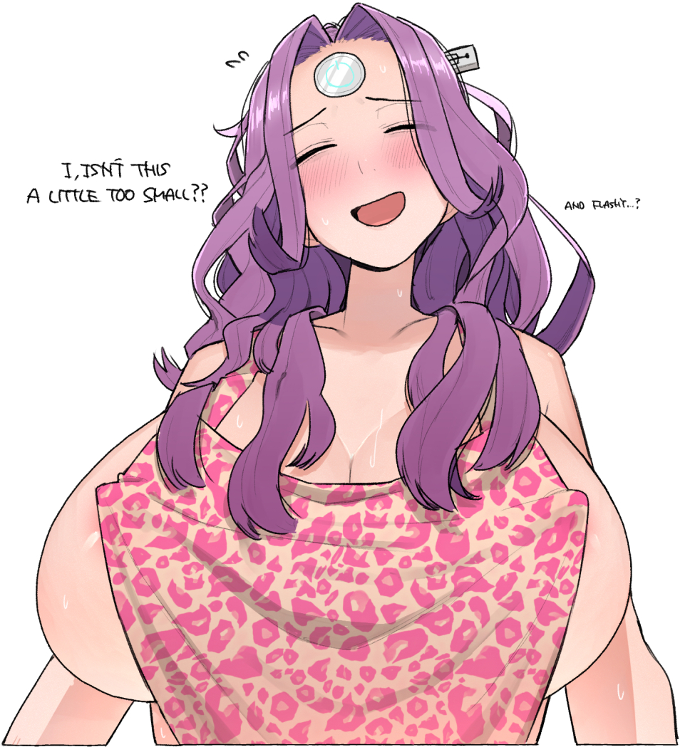 1girl apron blush breasts cleavage english_text flying_sweatdrops large_breasts long_hair ohasi open_mouth original pc_(ohasi) purple_hair sideboob simple_background solo sweat upper_body usb white_background