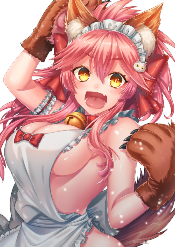 1girl alternate_costume animal_ear_fluff animal_ears animal_hands apron bad_id bad_pixiv_id bell bow breasts brown_gloves cat_hair_ornament cleavage collar enmaided fate/grand_order fate_(series) female_focus floating_hair fox_ears fox_tail frilled_apron frills gloves hair_between_eyes hair_bow hair_ornament kamuinii large_breasts long_hair looking_at_viewer maid maid_headdress naked_apron neck_bell paw_gloves pink_hair red_bow sideboob simple_background solo tail tamamo_(fate) tamamo_cat_(third_ascension)_(fate) upper_body very_long_hair white_apron white_background yellow_eyes