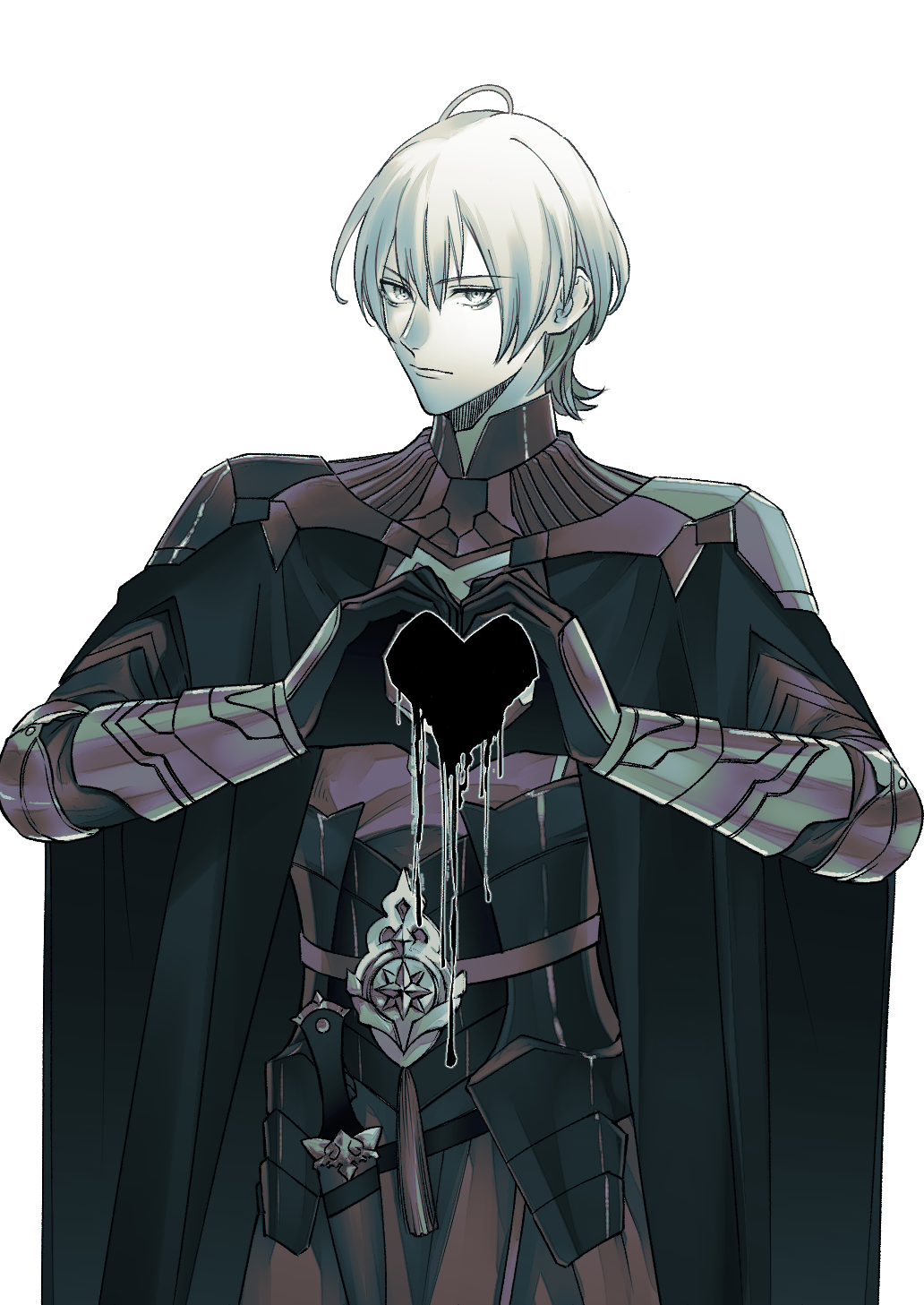 1boy armor arms_up male_byleth_(fire_emblem) cape closed_mouth cowboy_shot dagger finger_heart fire_emblem fire_emblem:_three_houses gloves gorget hair_behind_ear hair_between_eyes heart highres holstered knife looking_at_viewer male_focus nintendo scabbard sheath simple_background solo standing urup_zzz weapon white_background wolf_cut