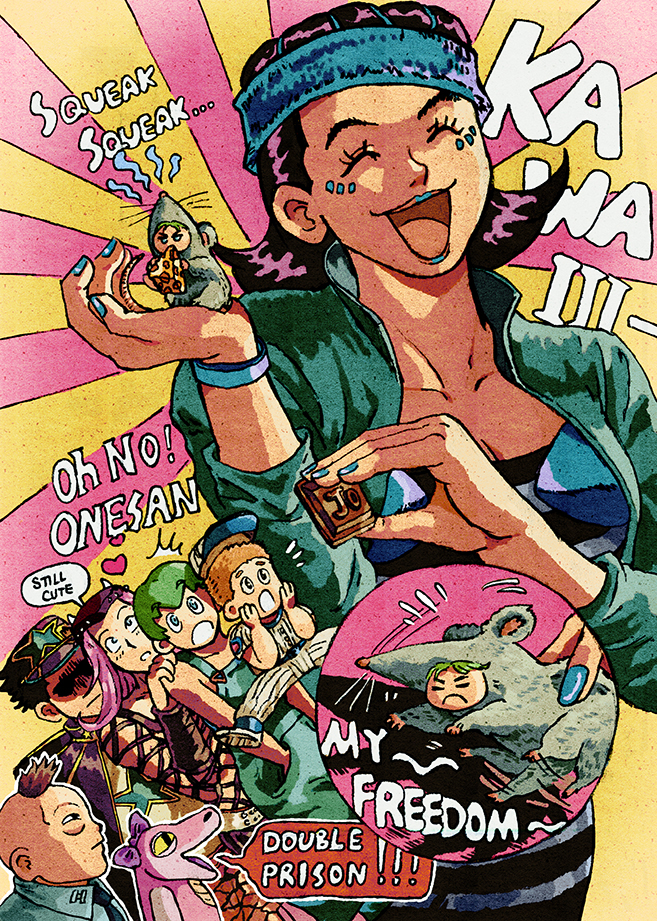 ^_^ alligator animal_costume black_hair blue_lips charlotte_(jojo) chocolate closed_eyes crocodilian emporio_alnino english_text foo_fighters_(jojo) green_hair gwess hand_puppet heart jojo_no_kimyou_na_bouken jumping kotobawa kuujou_jolyne kuujou_joutarou light_rays lineup loccobarocco mini_person minigirl mouse_(animal) mouse_costume narciso_anasui pink_hair puppet shaded_face stone_ocean sunbeam sunlight