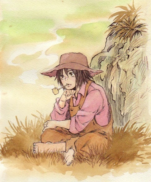 1boy adventures_of_huckleberry_finn barefoot black_hair grass hat huckleberry_finn indian_style male_focus maruta_(malta-tatami) overalls painting_(medium) smoking_pipe sitting smoking solo the_adventures_of_tom_sawyer traditional_media watercolor_(medium) world_masterpiece_theater