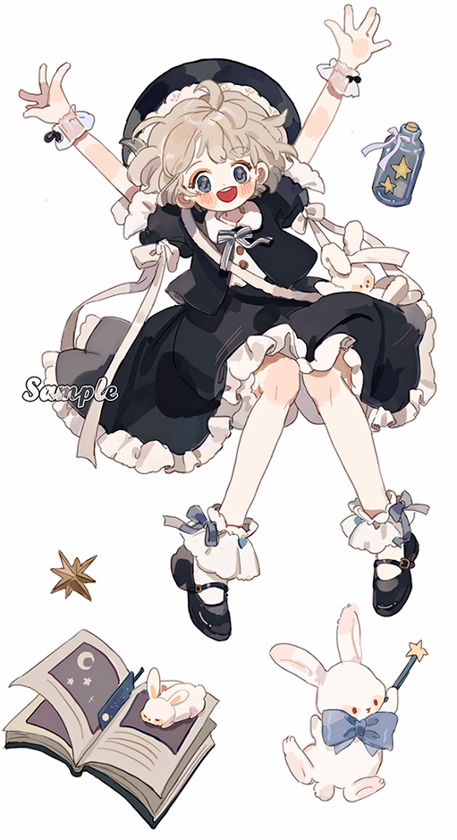 1girl ahoge ankle_garter arms_up belt_buckle black_bow black_hat black_jacket black_shoes black_skirt blonde_hair blue_bow blue_bowtie blue_eyes blush_stickers book bookmark bottle bow bowtie buckle buttons chinese_commentary collared_shirt commentary_request cork crescent eyelashes eyeshadow footwear_bow frilled_skirt frilled_sleeves frills full_body hat holding holding_wand jacket lace-trimmed_headwear lace_trim looking_at_viewer makeup mary_janes open_book open_clothes open_jacket open_mouth orange_eyeshadow original outstretched_arms pantyhose puffy_short_sleeves puffy_sleeves putong_xiao_gou rabbit sample_watermark see-through_bow see-through_clothes see-through_wrist_cuffs shirt shoes short_hair short_sleeves skirt skirt_set sleeve_bow smile socks solo star_(symbol) striped_bow striped_bowtie striped_clothes stuffed_animal stuffed_rabbit stuffed_toy two-tone_bow two-tone_bowtie wand watermark white_background white_bow white_bowtie white_pantyhose white_shirt white_socks white_wrist_cuffs wrist_bow wrist_cuffs
