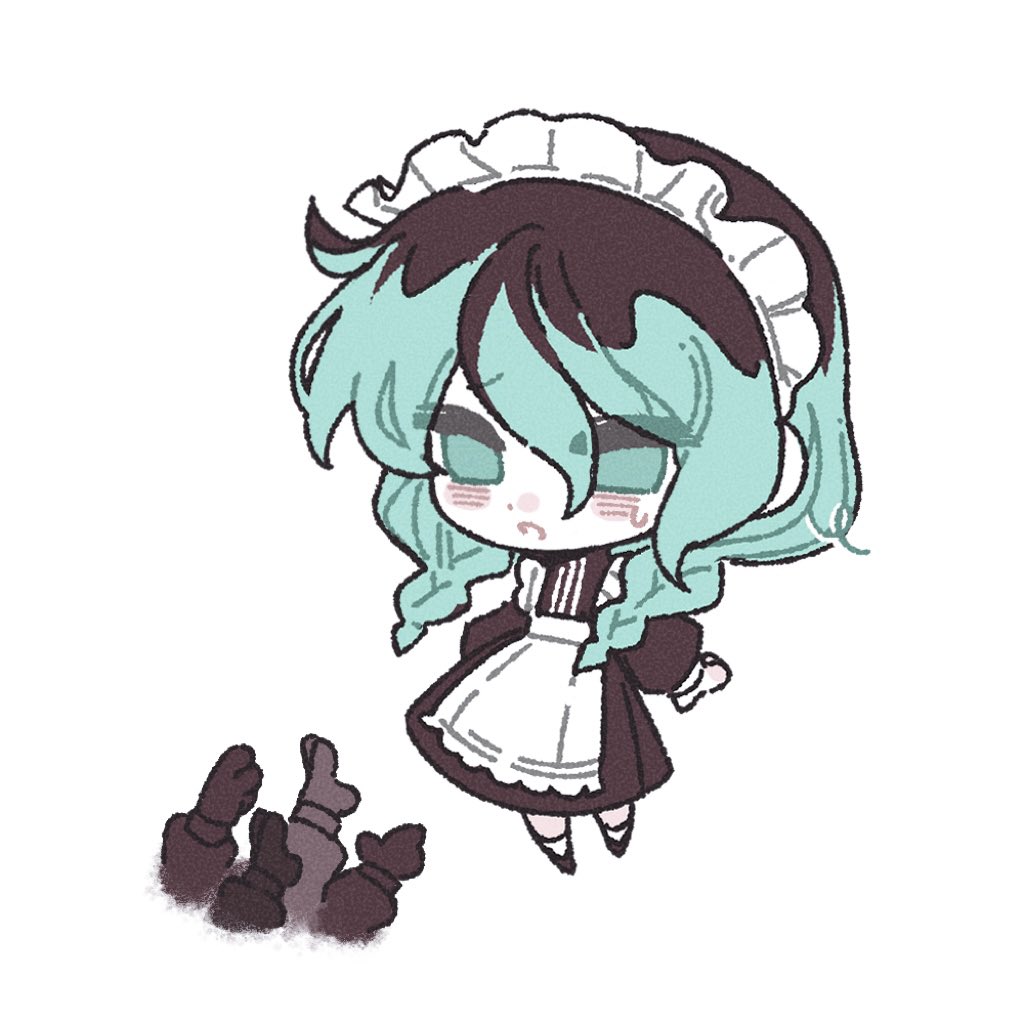 1girl alternate_costume alternate_hair_color alternate_hairstyle apron aqua_eyes aqua_hair bags_under_eyes black_dress black_hair braid chibi chibi_only disembodied_hand dress hair_between_eyes hair_over_shoulder hatsune_miku long_hair long_sleeves low_twin_braids maid maid_apron maid_headdress multicolored_hair nervous open_mouth reaching reaching_towards_another saji_no_majinai_(vocaloid) simple_background small_sweatdrop solo standing there_is_no_crow twin_braids two-tone_hair vocaloid waist_apron white_background