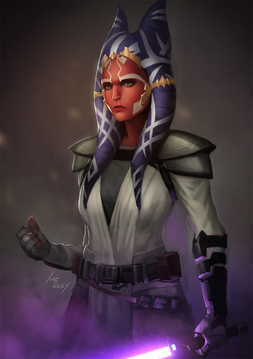 1girl alien armor artist_name belt clenched_hand energy_sword fingerless_gloves gloves green_eyes hifarry highres holding holding_sword holding_weapon jedi lightsaber pauldrons purple_lightsaber shoulder_armor single_vambrace solo star_wars sword togruta vambraces weapon