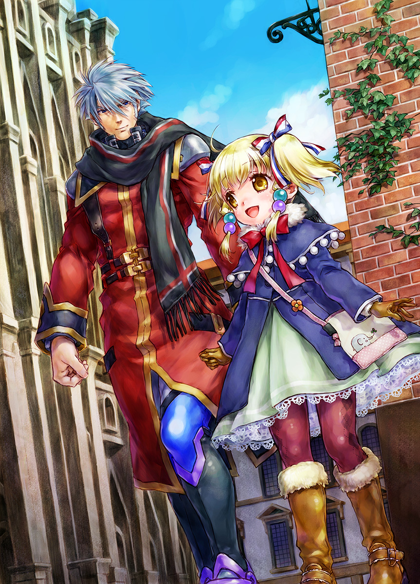 1boy 1girl :d argyle_clothes argyle_legwear bag black_footwear black_scarf blonde_hair blue_capelet blue_coat blue_eyes blue_sky blush boots bow brick_wall brown_footwear brown_gloves building capelet child closed_mouth cloud coat day dress eye_contact fur_collar gloves green_dress hair_bow hair_ribbon highres house irui_guneden knee_boots lace lace-trimmed_dress lace_trim long_hair long_sleeves looking_at_another nakamura_kanko open_mouth outdoors pantyhose pom_pom_(clothes) red_bow red_coat red_pantyhose ribbon sanger_zonvolt scarf shoulder_bag silver_hair sky smile striped_bow striped_ribbon super_robot_wars twintails walking yellow_eyes