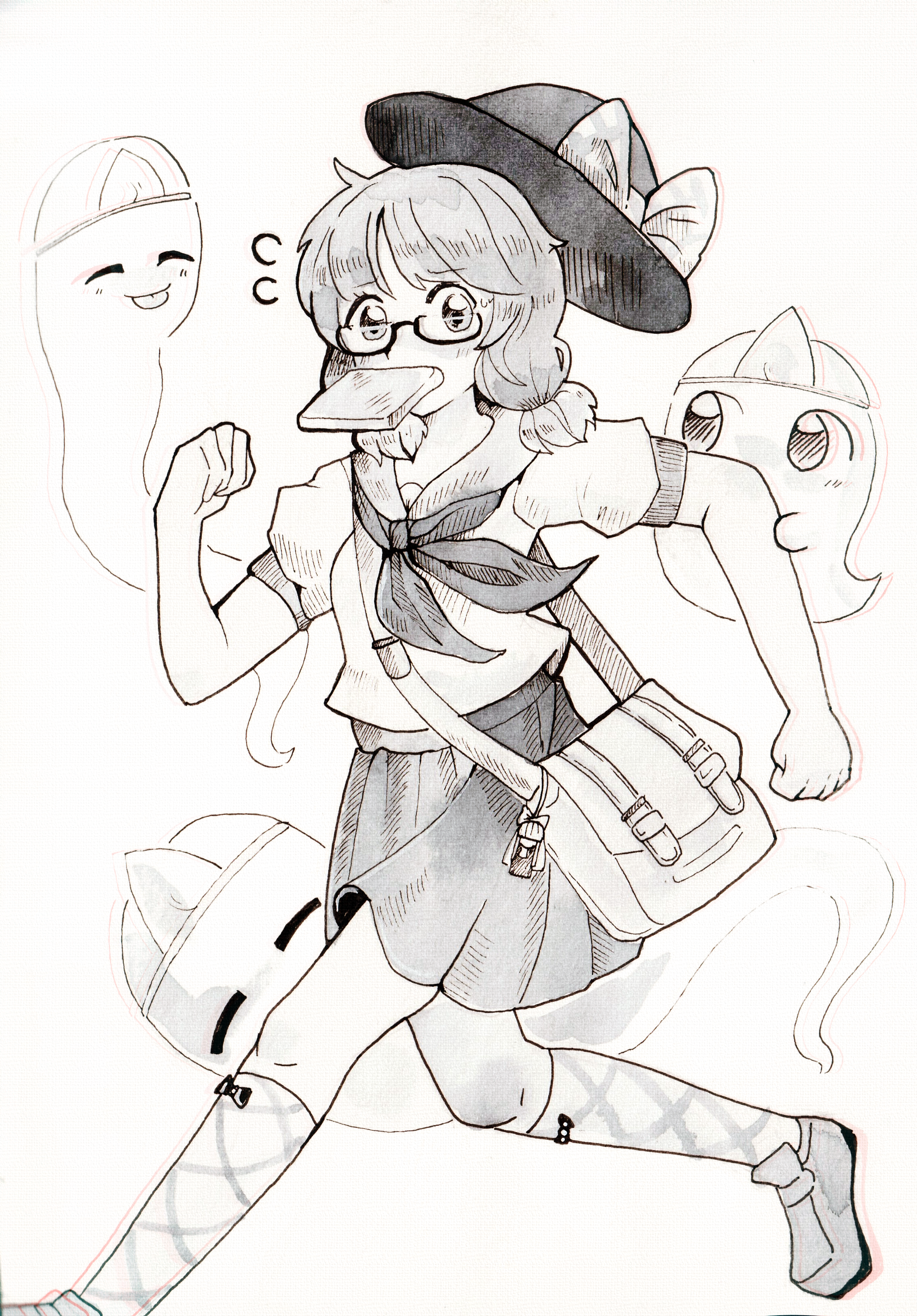 1girl absurdres alternate_costume bow clenched_hands dungeon_toaster flying_sweatdrops foot_out_of_frame greyscale hat hat_bow highres inktober kneehighs medium_hair monochrome neckerchief pleated_skirt puffy_short_sleeves puffy_sleeves school_uniform semi-rimless_eyewear serafuku shoes short_sleeves simple_background skirt socks touhou traditional_media under-rim_eyewear usami_sumireko