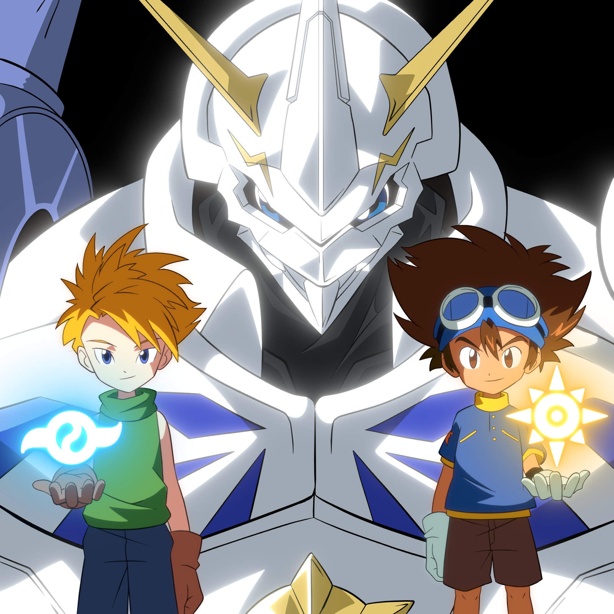 crests_(digimon) digimon digimon_(creature) digimon_adventure fusion highres ishida_yamato looking_at_viewer officialseraphimon omegamon smile yagami_taichi