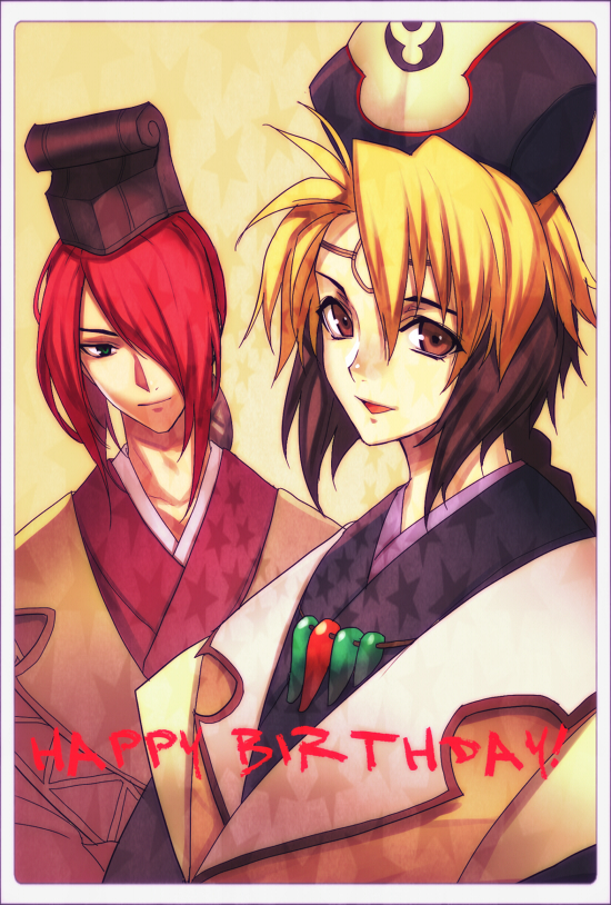 2boys black_hair blonde_hair braid brown_eyes gradient_background hair_over_one_eye happy_birthday hat japanese_clothes long_hair male_focus multicolored_hair multiple_boys ozaki_c red_hair simba_(spectral_force) smile solty spectral_(series) spectral_force two-tone_hair upper_body yellow_background